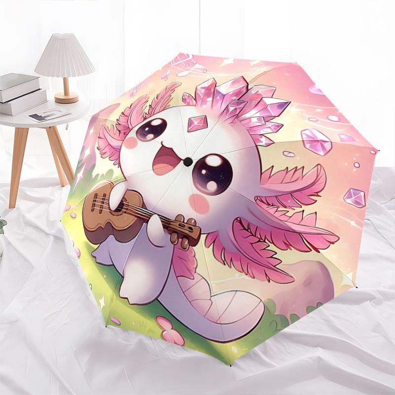 1pc Cute Axolotl Playing Guitar Automatic Opening and Closing Cartoon Umbrella, Portable Small Umbrella for Men and Women P030
