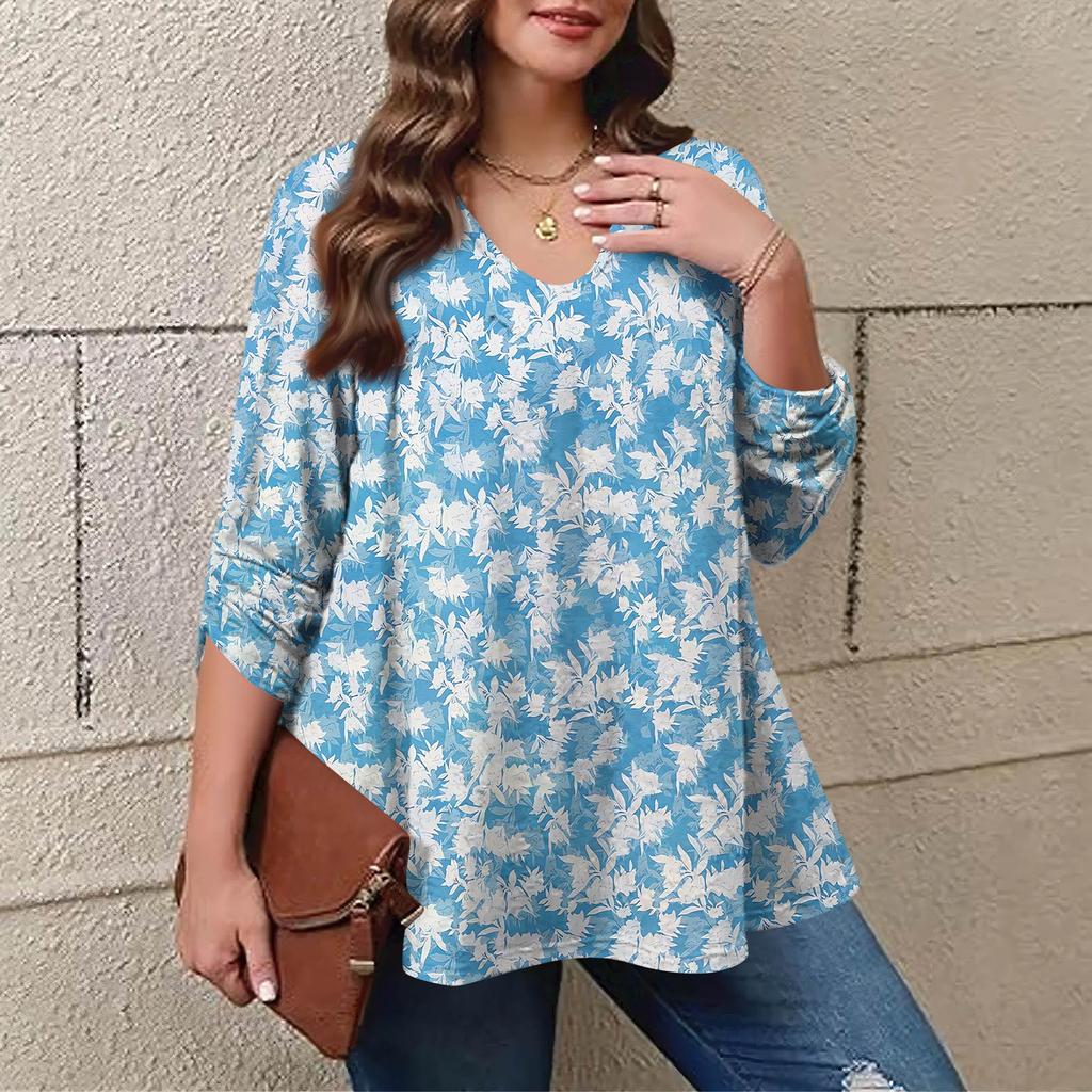 Women's Plus Size Fashion Printed Casual Pleated Round Neck Long Sleeve Top