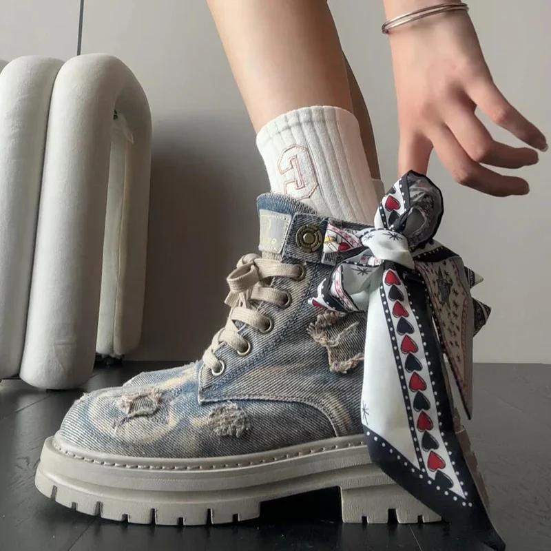 Женские ботинки Cowboy Ribbon Ankle Boots Platform Shunky на шнуровке New Motorcycle Boots Winter Fashion New Trend Walking Zapatos Mujer