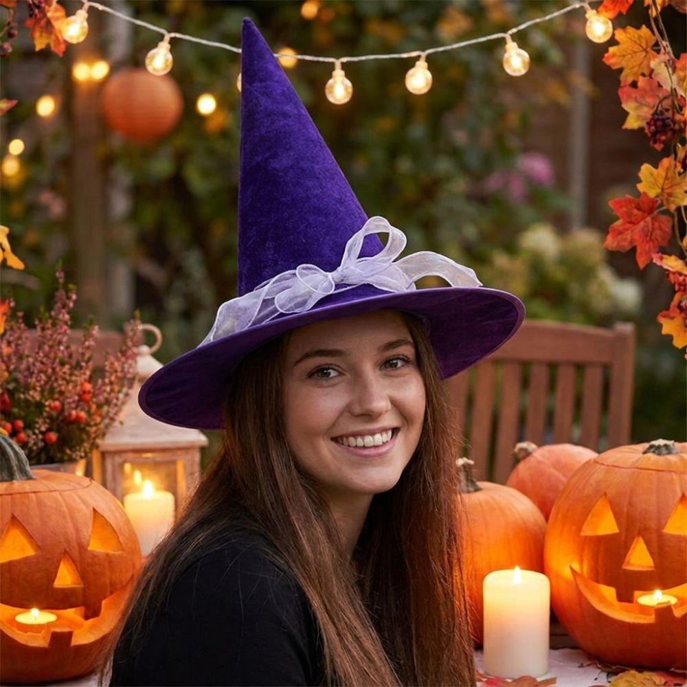 with Lace Velvet Dark Witch Hat Wide Brim Pointed Mage Hat Halloween Decor Hat Masquerades