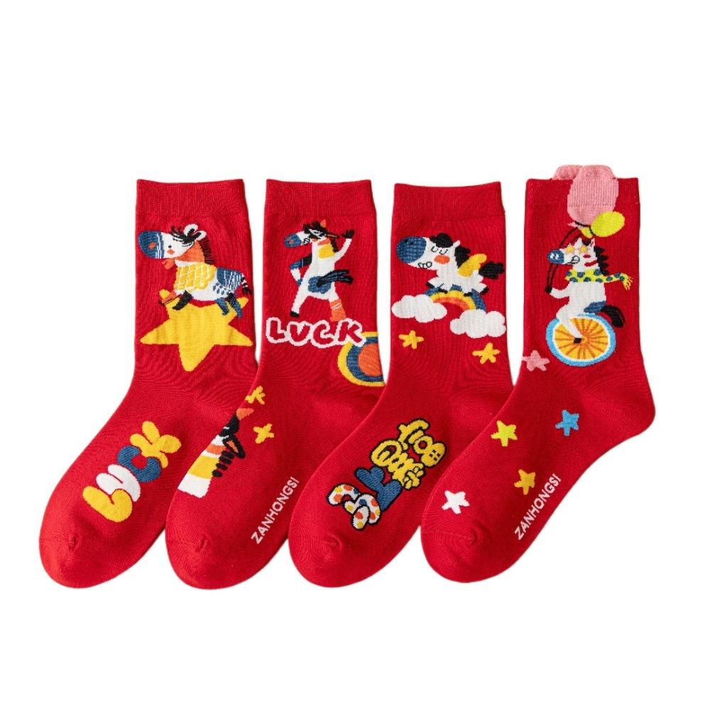 4Pairs Blessing Words Zodiac Horse Socks Cotton Winter Red Socks Creative New Year Red Socks  Gifts