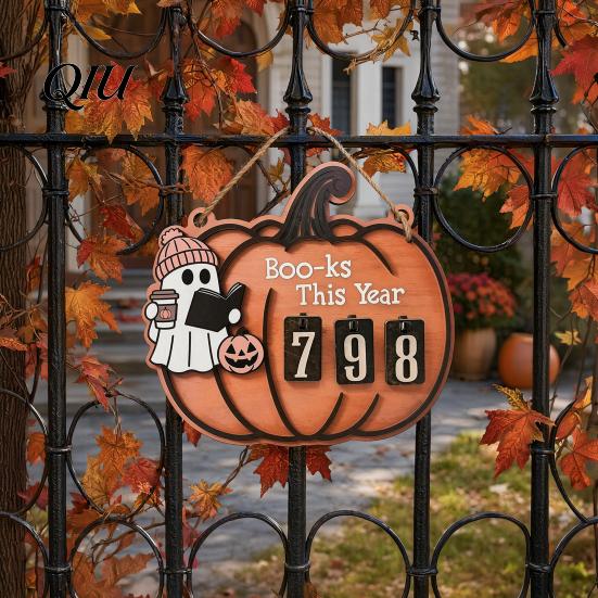 Raised Pattern Counter Halloween Ghost Pumpkin Reading Tracker Wooden Hanging Sign, Sliding Number for Book Read This Year, Progress Spooky Decor