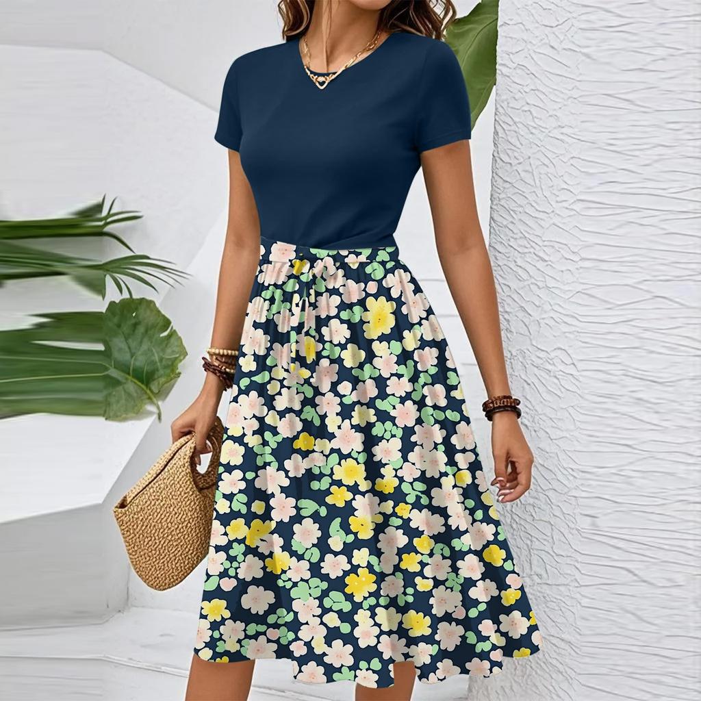 Women's Casual Fashion Belted Floral Print Short Sleeve Round Neck Elegant Dress