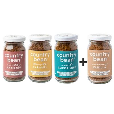 Растворимый кофе Country Bean со вкусом лесного ореха, карамели, ванили и какао-мяты, по 50 г каждого - комбо-упаковка 4, бутылка