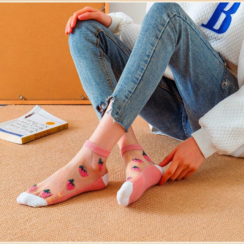 Women Harajuku 5 Pairs Socks Summer Cartoon Strawberry Lace Ankle Sock Casual Socks Transparent Elastic School Girl Short Socks