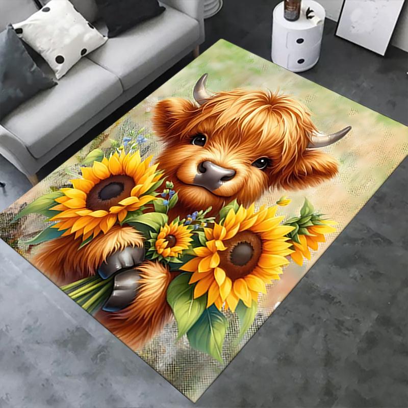 Highland Bull Theme Sunflower Chair Mat Office Carpet, Large Rug for Home Decor, Desk Pad Gift, Suitable for Bedroom, Living Room, Various Rooms