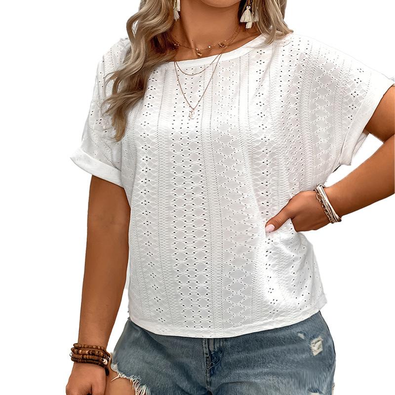 Плюс размер женский летний стиль коммутационный однотонный дышащий круглый вырез короткий рукав кружевной пэчворк топ