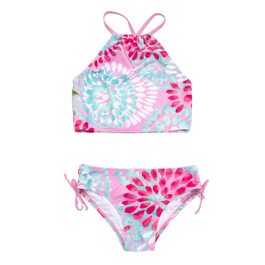 Купальный костюм для девочек, топ с цветочным принтом + плавки бикини на шнурке, костюм для детей 3–14 лет