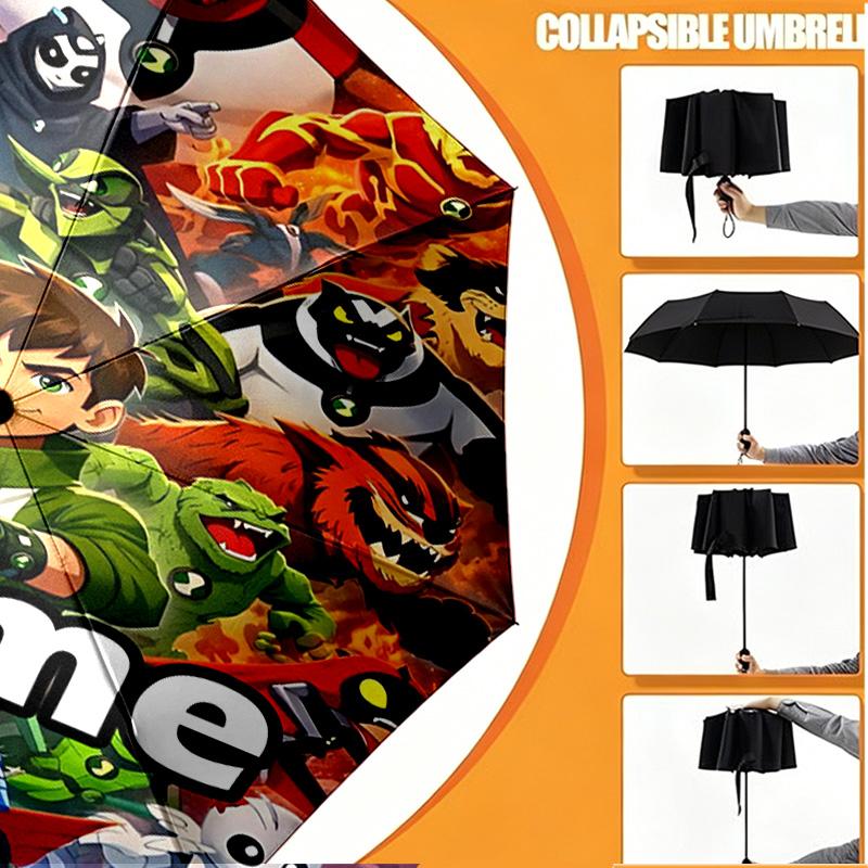 Custom Name Personalized Ben 10 Cartoon Print Umbrella, Auto Open Close, 8‑Rib Sturdy Frame, Commute Camping Hiking Use, Birthday Gift