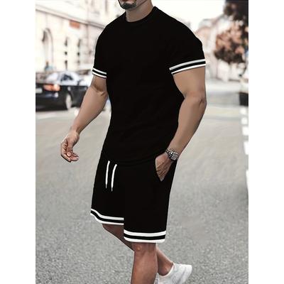 Мужской модный повседневный спортивный костюм, однотонная футболка с коротким рукавом и узором высокой четкости + спортивные шорты на шнурке, комплект из двух предметов