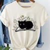 Fashion Women Black Cat Flower Book Print T Shirt Funny Casual O-neck Short Sleeves T-shirt Summer Female Tee Shirt