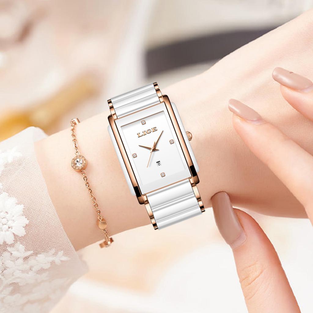 LIGE New Women Watches Elegant Ceramic Luxury Quartz Wristwatches Waterproof Date Fashion Gift For Ladies Watch Relojs Mujer+Box