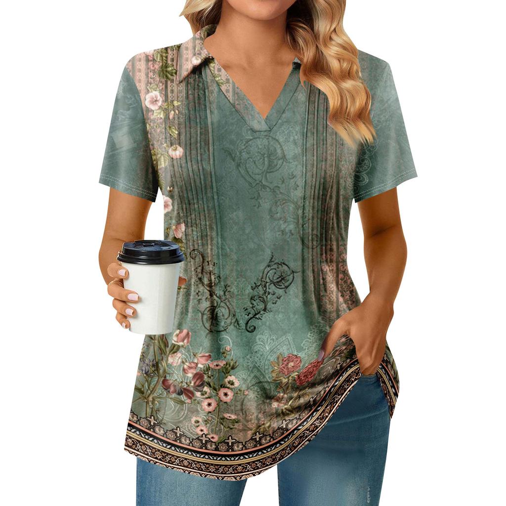 Womens Short Sleeve T Shirts Pleated V Neck Printing Tee Collared Summer Tops Fashion Business Casual Work