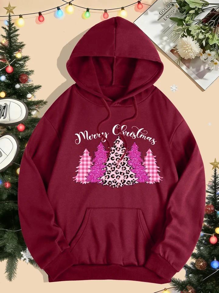 Women's Loose Pink Christmas Tree Hoodie Sweatshirt