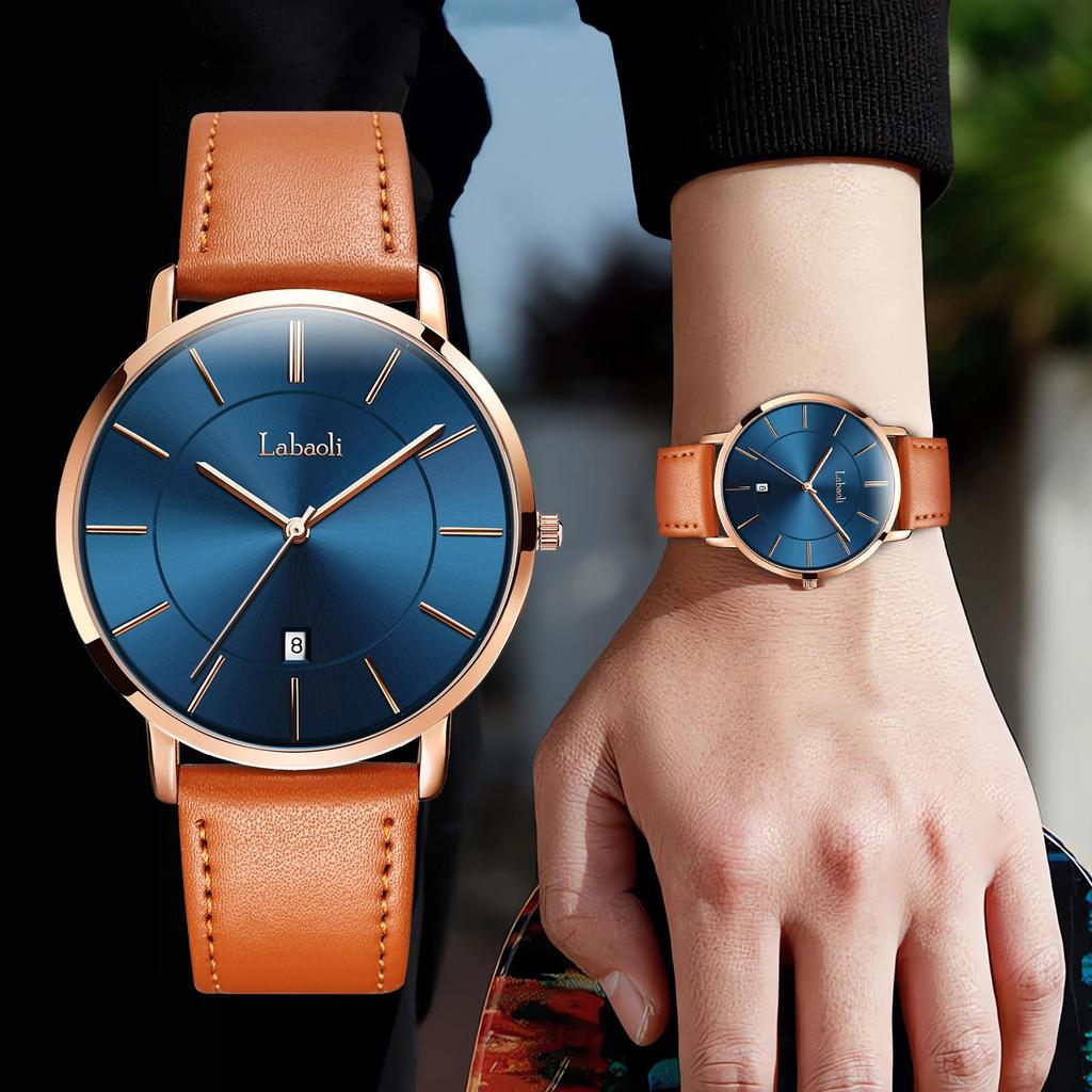Ultra Thin Simple Casual Business Japanese Quartz 40mm Genuine Leather Unisex Band Rose Gold Blue Men's Watch, 6.5MM, Fashion, Watch, Movement, Dial,