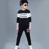 Осенне-зимний спортивный костюм для мальчиков, бархатные детские комплекты, хлопковая полосатая футболка с надписью + длинные брюки, комплект из 2 предметов, одежда на возраст 8, 10, 12 лет
