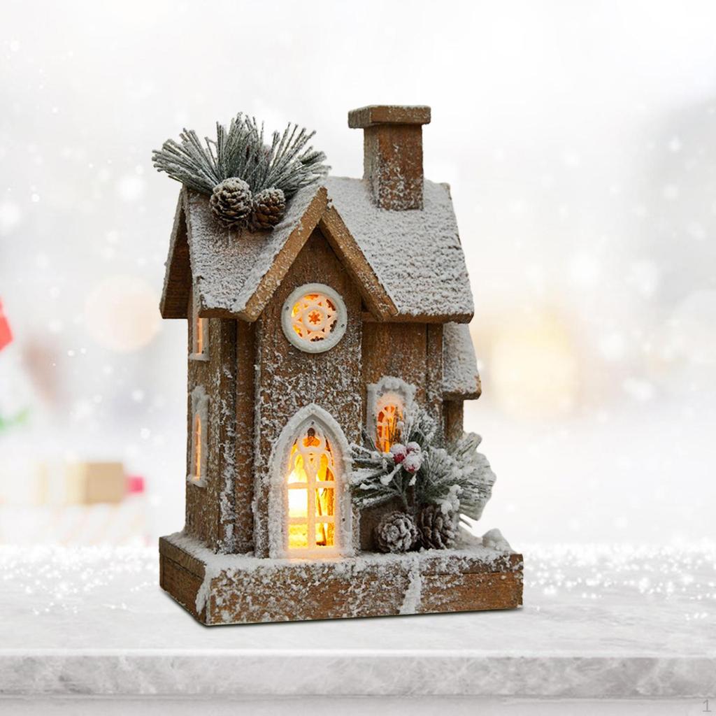 Christmas Snow House Statue Decor with Light, Craft, Wooden Village Figurine,