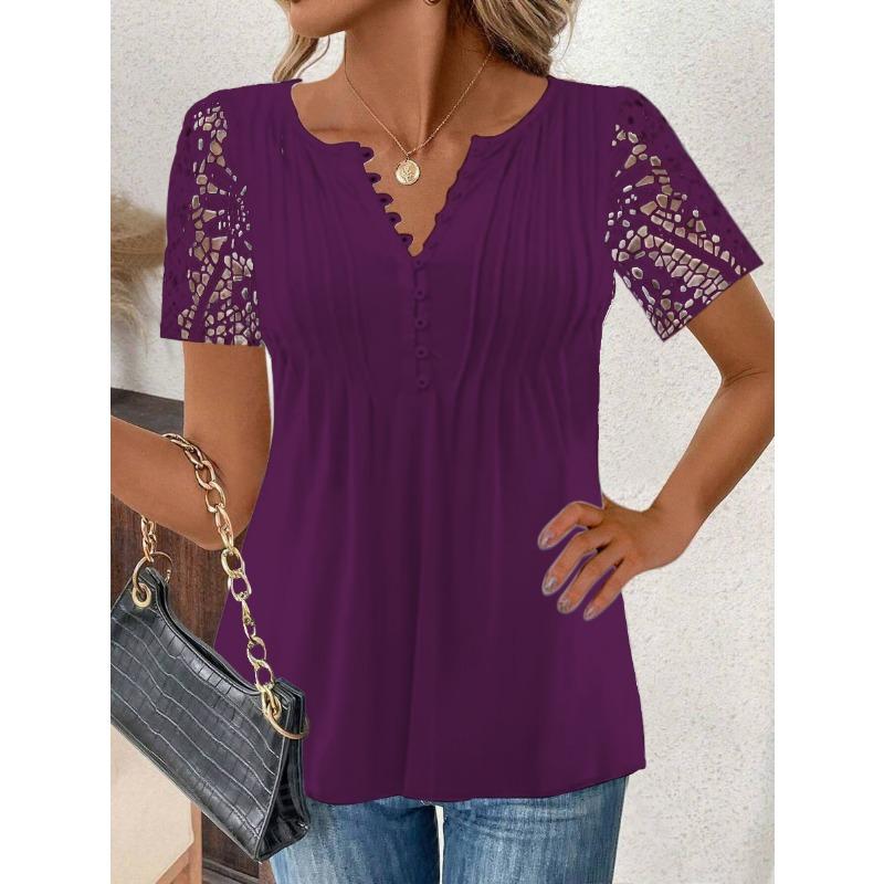 Summer T-shirt Fashion Women's Lace Lace Sleeves T-shirts Crimp Loose Solid Color Casual Printed Button Short Sleeve Tops