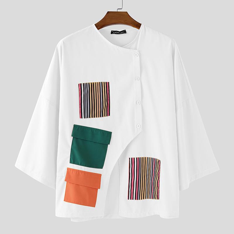 INCERUN Men 3/4 Sleeve Stitching Print Front Cross Splits Casual T-Shirts Tops