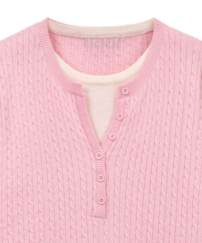 NOIRER FOR WOMAN Layered Henley Neck Signature Cable Knit (Pink)