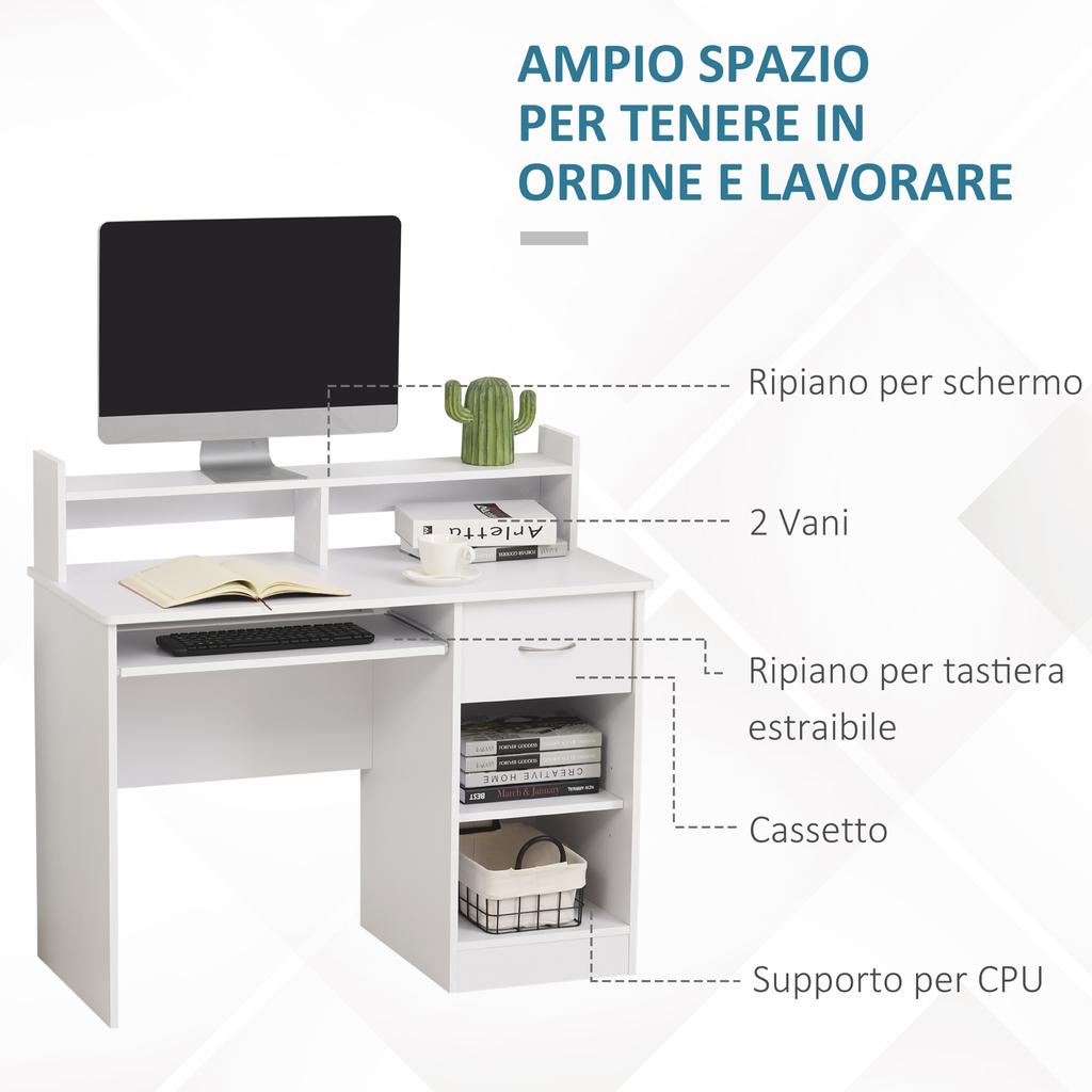 Compact Computer Desk, Desktop PC Desk in White Wood with Pull-Out Keyboard Shelf and Shelves 104x48x95.5cm