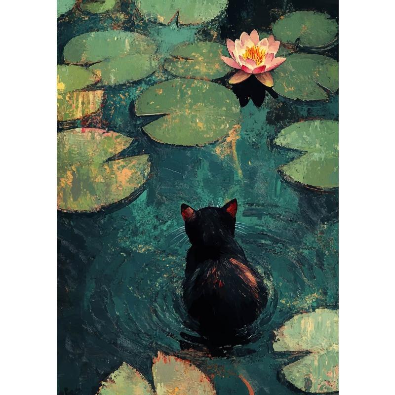 Retro Cute Black Cat And Lotus Landscap Canvas Paintings Impression Monet Posters and Prints Wall Pictures For Living Room Decor