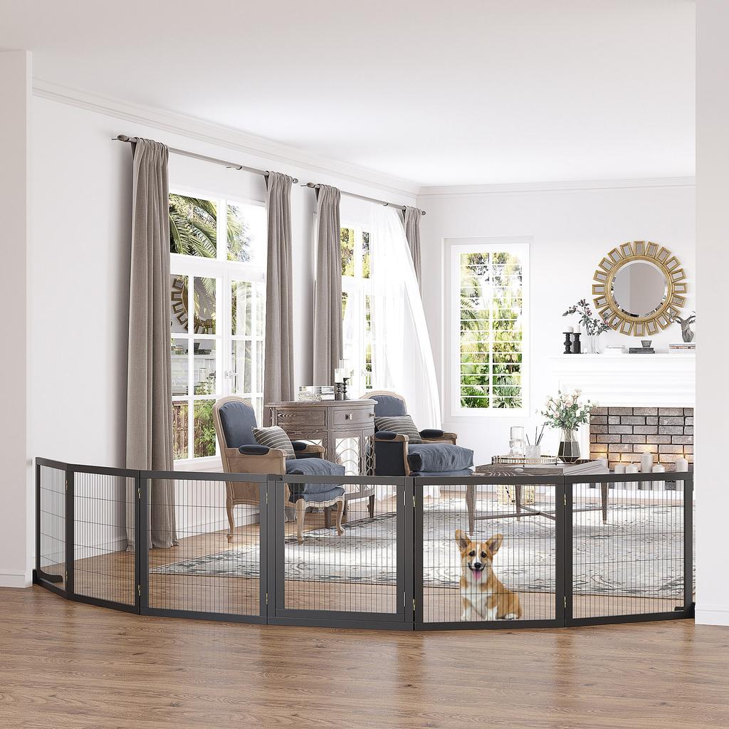Wooden Pet Gate, Freestanding Dog Security Barrier with Two Support Feet - Black