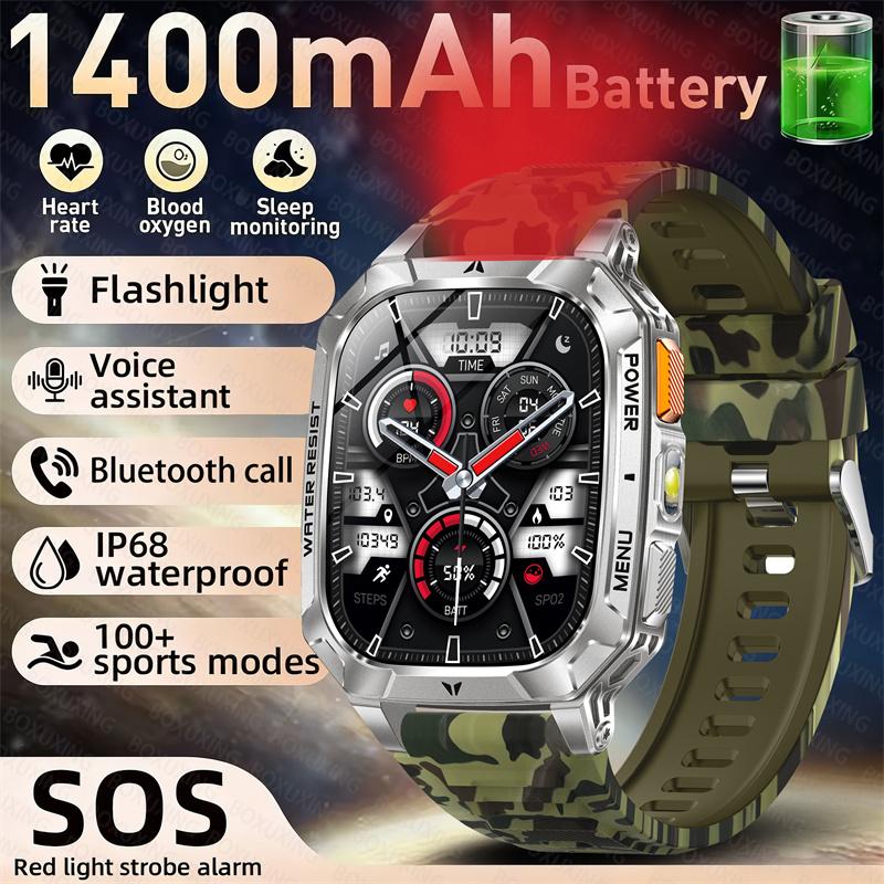 Rugged Outdoor Smart Watch 1400mAh 2.01" HD Screen Bluetooth Call GPS IP68 Waterproof Flashlight SOS Fitness Watch for Men