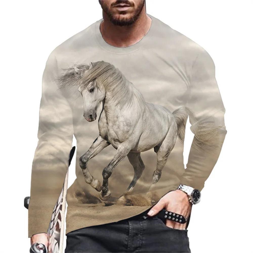 Animal Horse Pattern Printed Men's Long Sleeved T-Shirt Creative Personality Street Fashion Casual Quality Comfortable Clothing