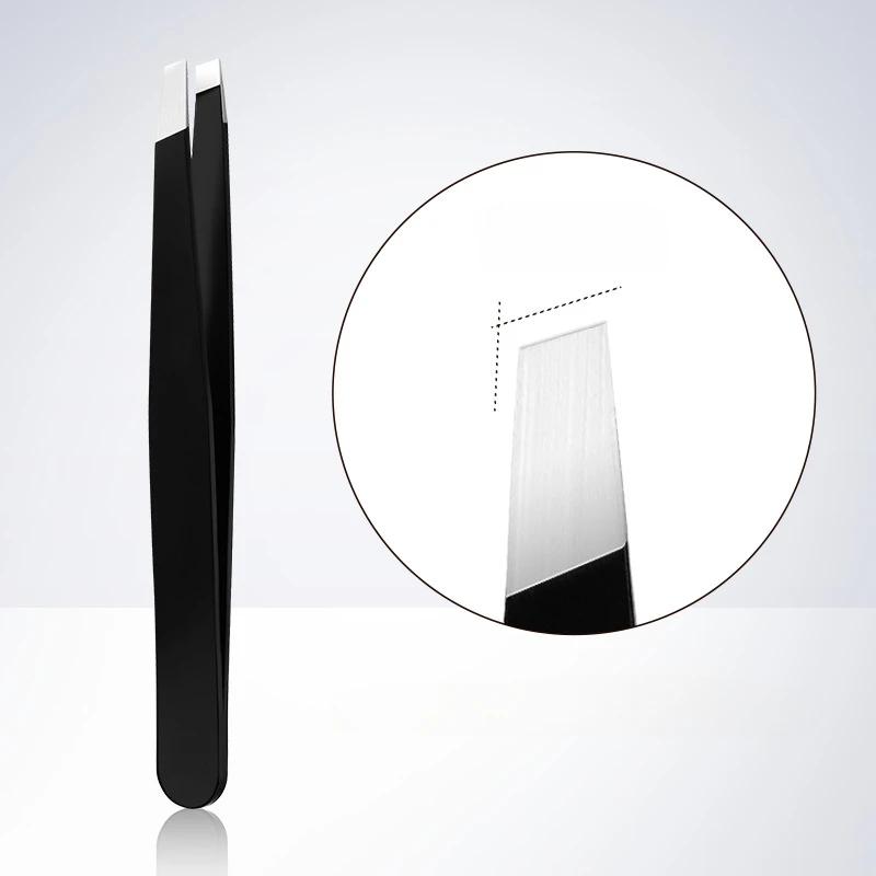 Пинцет для бровей из нержавеющей стали черного цвета со скошенным и плоским кончиком, инструменты для красоты, для наращивания ресниц и удаления вросших волос