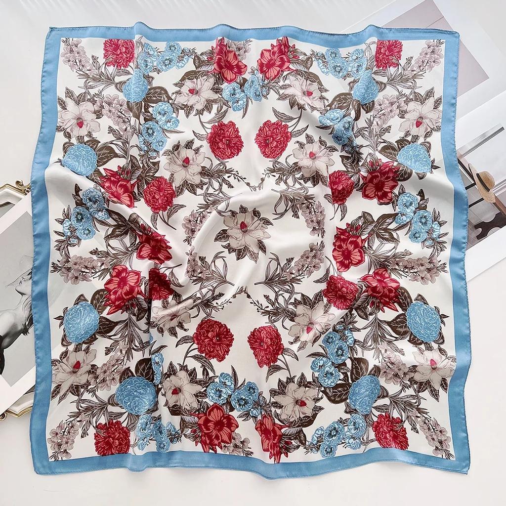 Floral Print Silk Feeling 70cm Square Scarf for Women Bandana Foulard Hairband Neckerchief Soft Satin Hijab Scarves Lady Elegant
