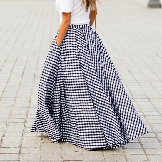 Женская макси-юбка в клетку с талией и карманами, юбка-трапеция с принтом, эластичная юбка в стиле ретро с высоким и большим подолом, уличная одежда