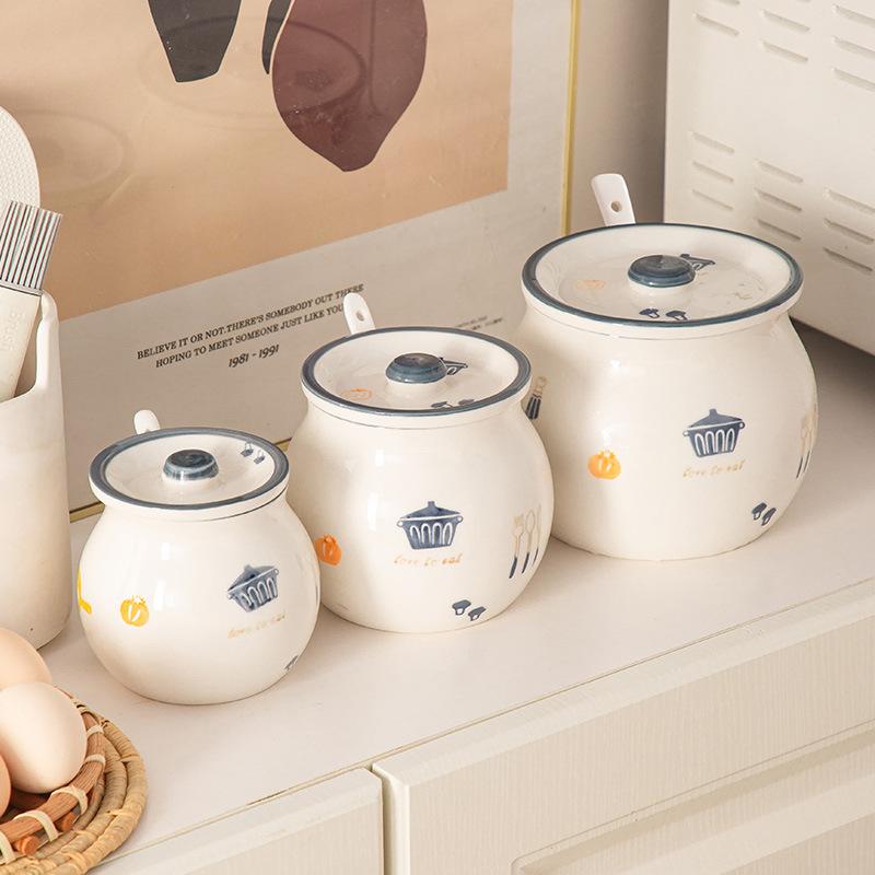Керамическая емкость для свиного масла, украшение для дома, термостойкая, новая, большая, с крышкой-ложкой, интегрированная, с разбрызгивателем масла, кухонная кастрюля для приправ