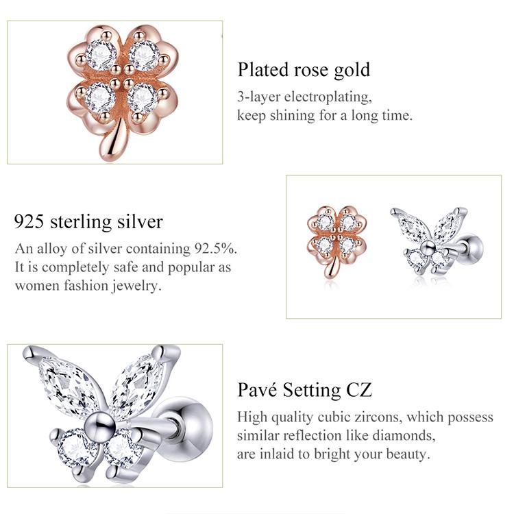 Bisaer Lucky Grass Butterfly Earrings 925 Sterling Silver Four-Leaf Clover Earring Gift For Women Fine Jewelry