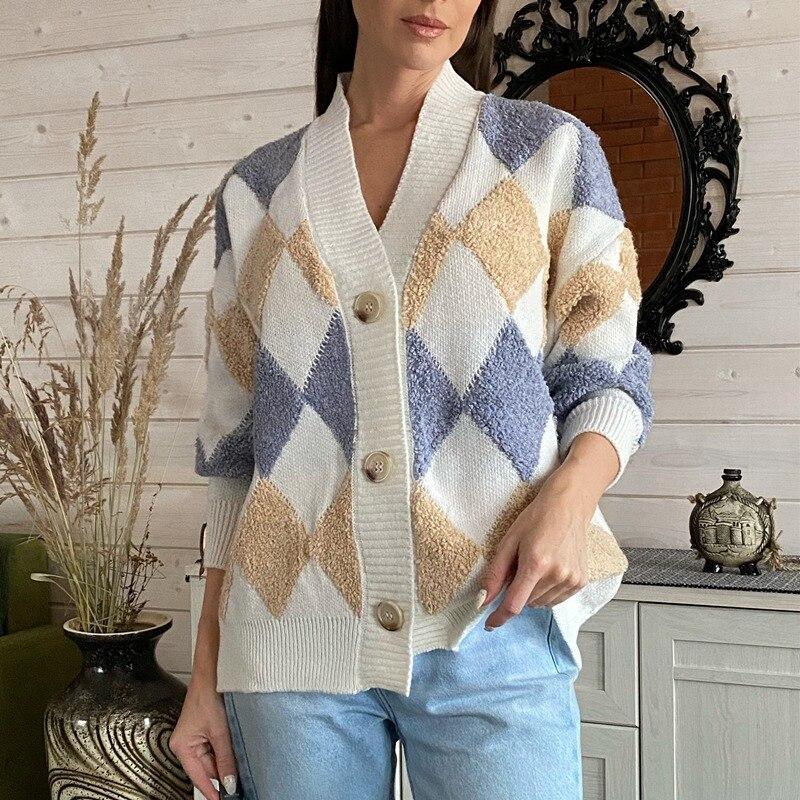 Casual Plaid V Neck Knitted Cardigan Jacket Women 2023 Winter Vintage Argyle Loose Sweater Women Long Sleeve Cardigans 28889