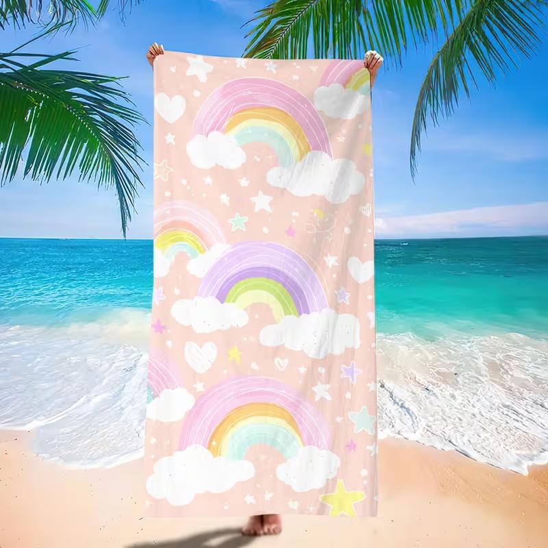 Pastel Pink Base Rainbow Cloud Star Heart Print Beach Towel Sand Free Quick Dry Absorbent Towel for Beach Pool Travel Holiday