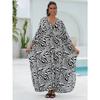 Plus Size Boho Cover Up, Women's Plus Painting Print Bat Sleeve V Neck Split Hem Maxi Cover Up Dress