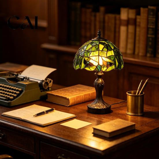 Retro Green Resin Table Light Stained Glass Desk Lamp, Hand-Carved Base Vintage Tiffany Style Decorative Lighting for Bar Bedroom Study Room