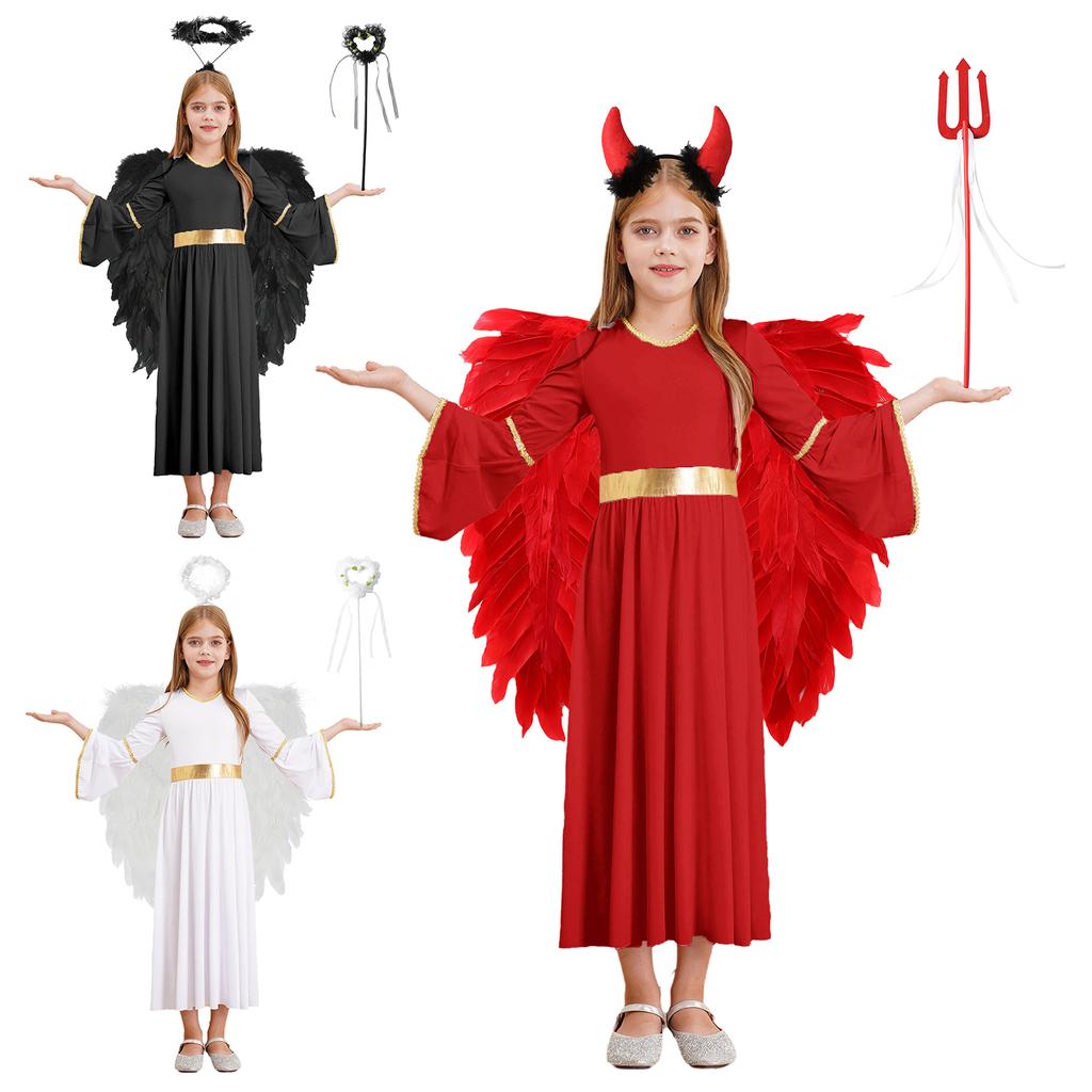 Girls Halloween Party Costume 4Pcs Angel Set with Dress Wings Headband & Wand Cosplay Performance Outfit