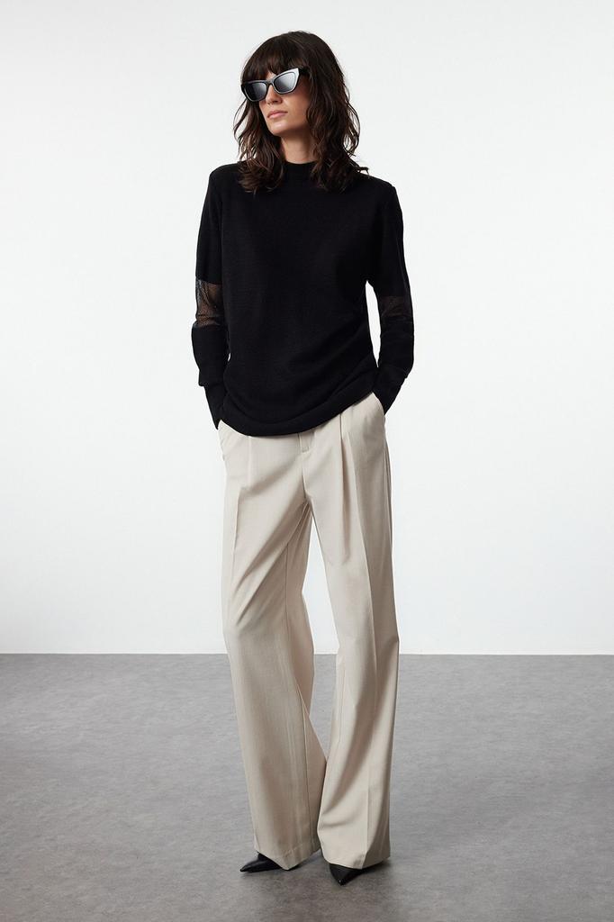 Women's Fashionable Stylish Hijab Sweater Black Tulle Detailed Knitwear Sweater