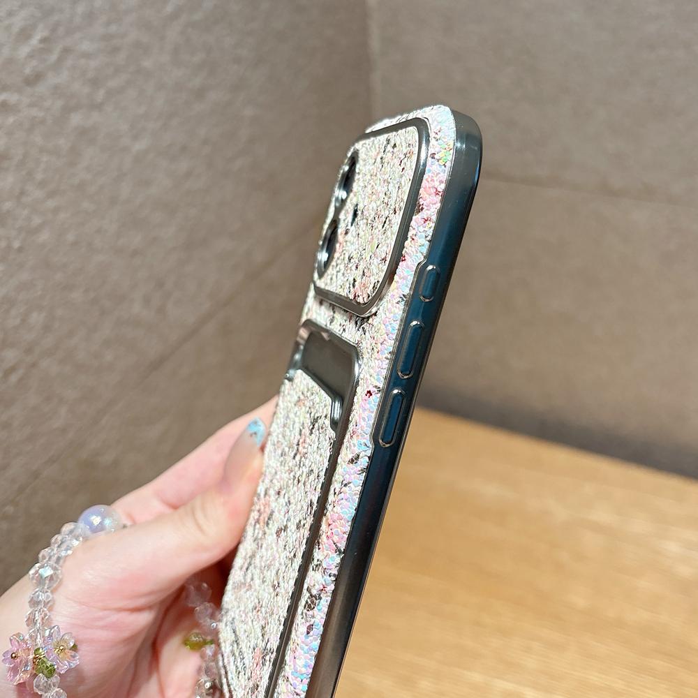 KEYSION Женский Девичий Чехол для Телефона с Цветком для iPhone 14 15 16 17 Pro Max с Карманом для Карт, Противоударная Крышка с Цепочкой-Браслетом из Бусин
