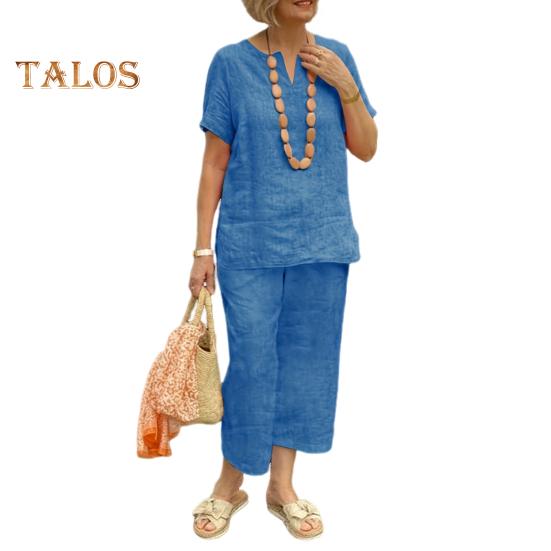 2Pcs Short Sleeve Blouse Pants Set for Women Loose Top Wide Leg Pants Sets Solid Tracksuit Outfit Summer Casual Matching Outfit for Home Office Party