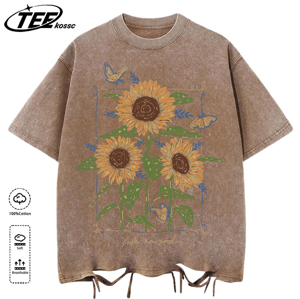 Good Very Beautiful Sunflower Print Washed T Shirts Womens Soft Cotton Clothing Street Creative Short Sleeve Summer Casual Tops