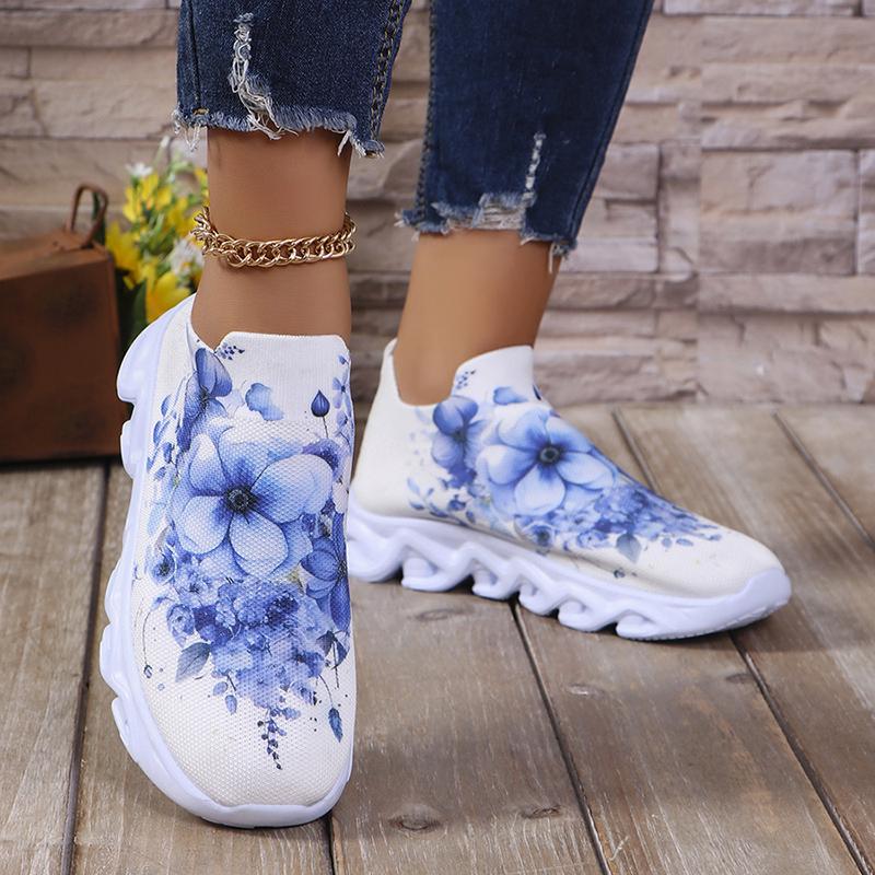 Flower Print Platfrom Sneakers Women Soft Sole Breathable Mesh Casual Shoes Woman Plus Size 43 Slip-On Non-Slip Running Shoes