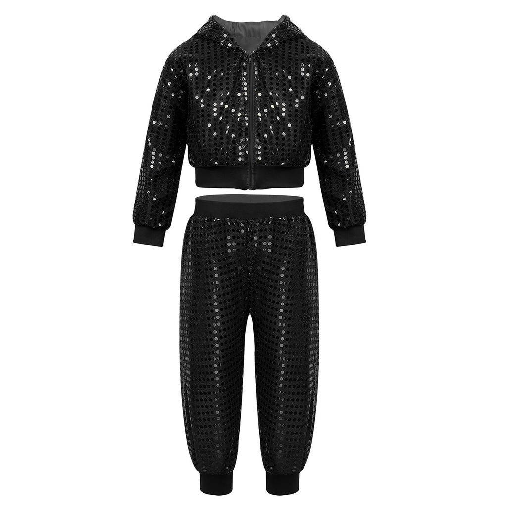 Kids Boys Girls Sparkly Sequins Long Sleeve Hip Hop Jazz Street Dance Costumes Long Sleeve Hooded Jacket Pants Set