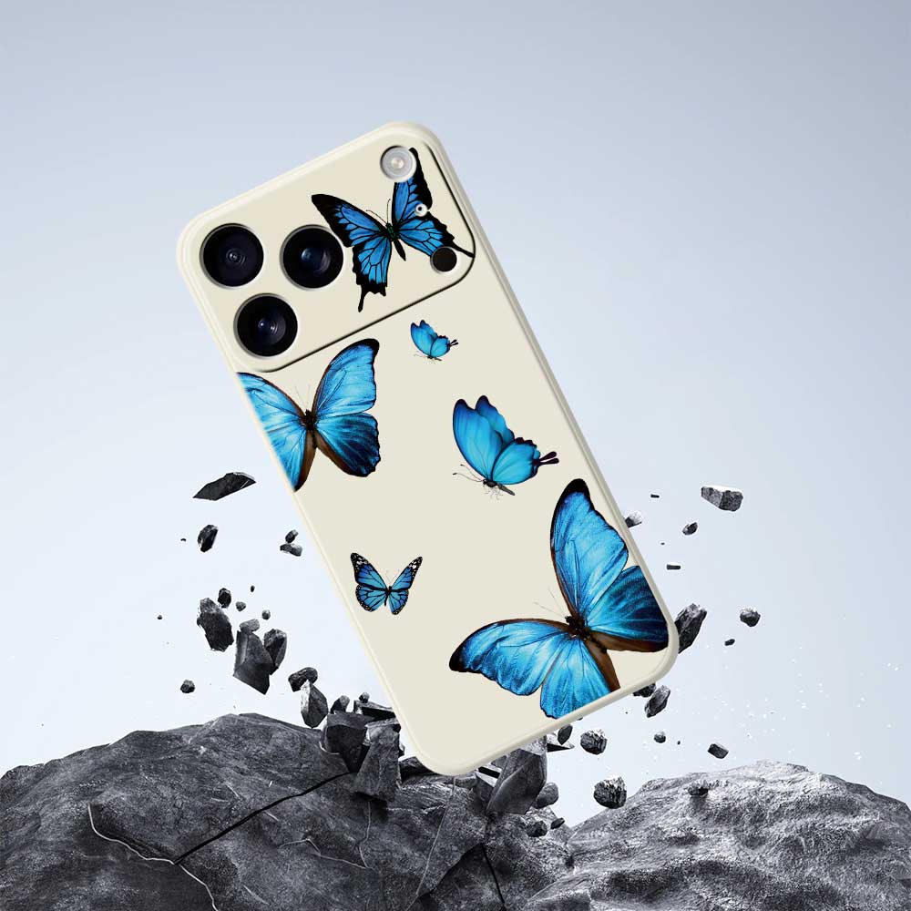For iPhone 17 Pro Max Case Blue Butterflies Pattern Printing Straight Edge TPU Phone Back Cover
