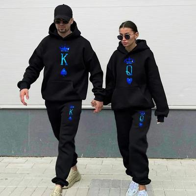 Спортивная одежда для пар, толстовки с принтом KING QUEEN, брюки, комплект из двух предметов, модная уличная одежда для влюбленных, мужская и женская одинаковая одежда