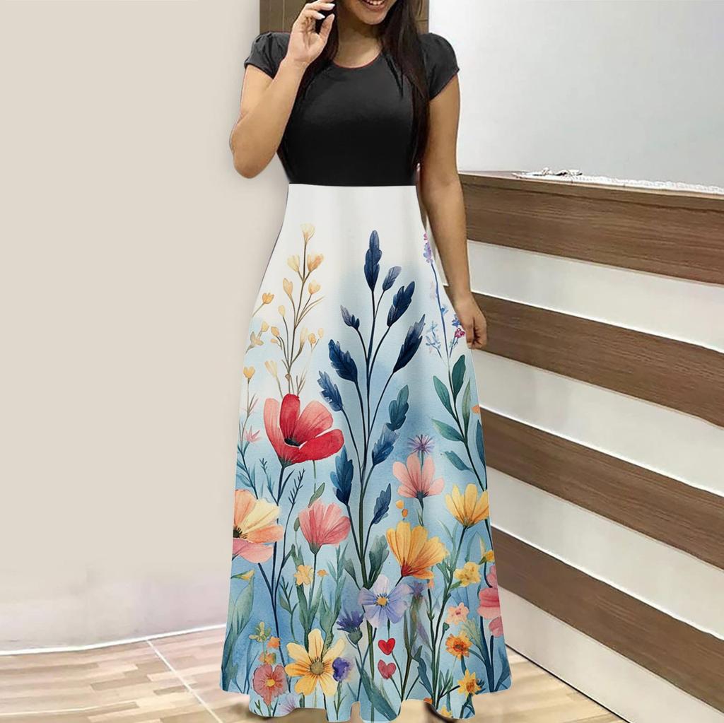 Женская мода повседневные свободные принтованные платья с круглым вырезом и коротким рукавом длинные платья с коротким рукавом длинные платья