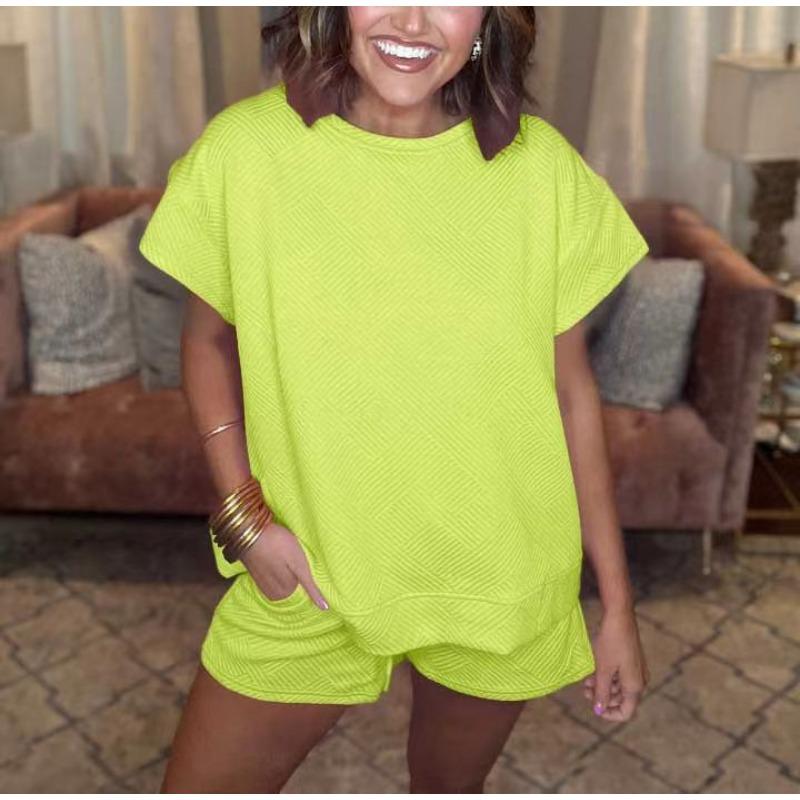 Однотонный топ с круглым вырезом и короткими рукавами для женщин, весна-лето, фактурная ткань, модные шорты, комплект для женщин, костюмы и комплекты для женщин