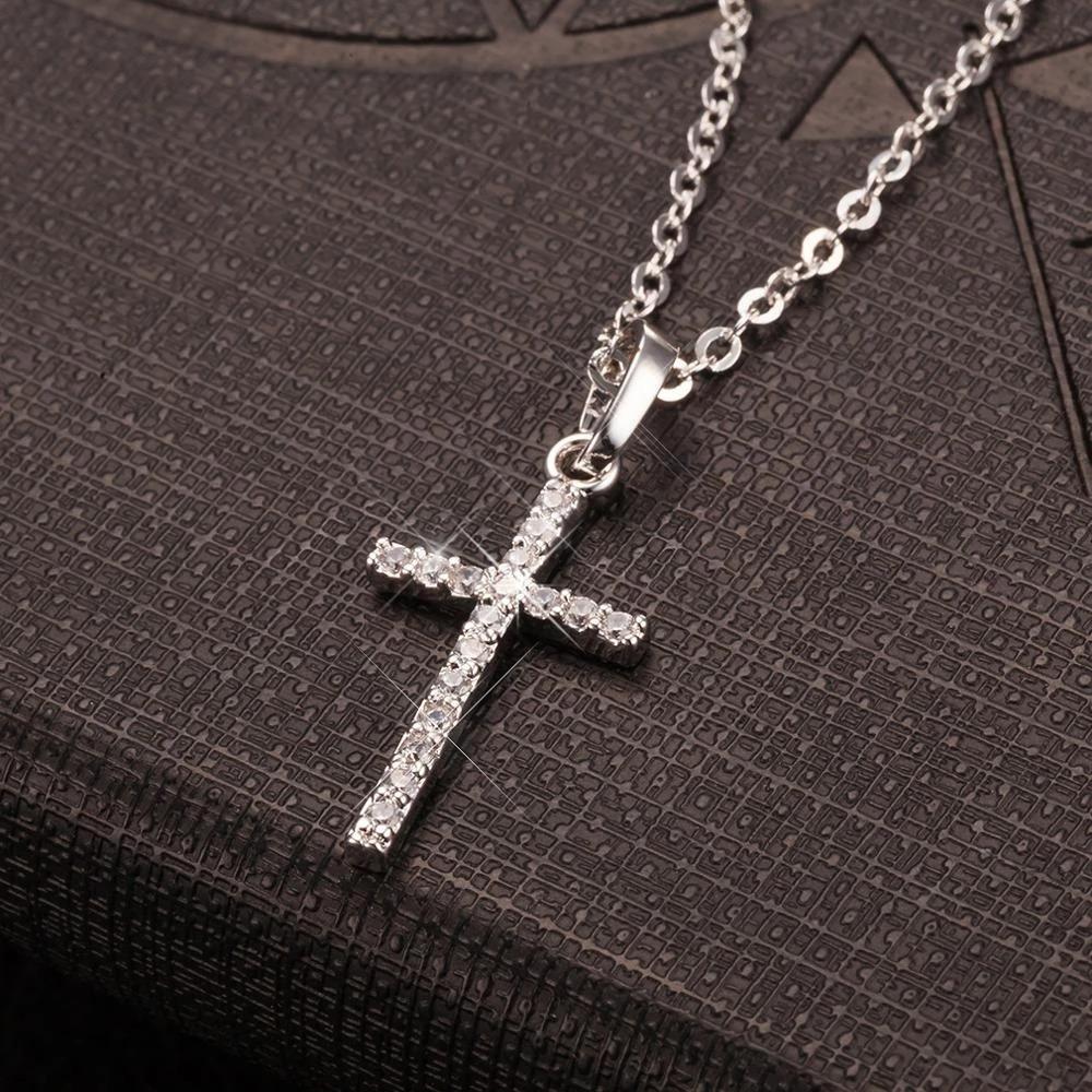 Fashion Rhinestone Cross Necklaces Silver Gold Color Long Chain Simple Pendants for Women Men Zircon Jewelry Gifts